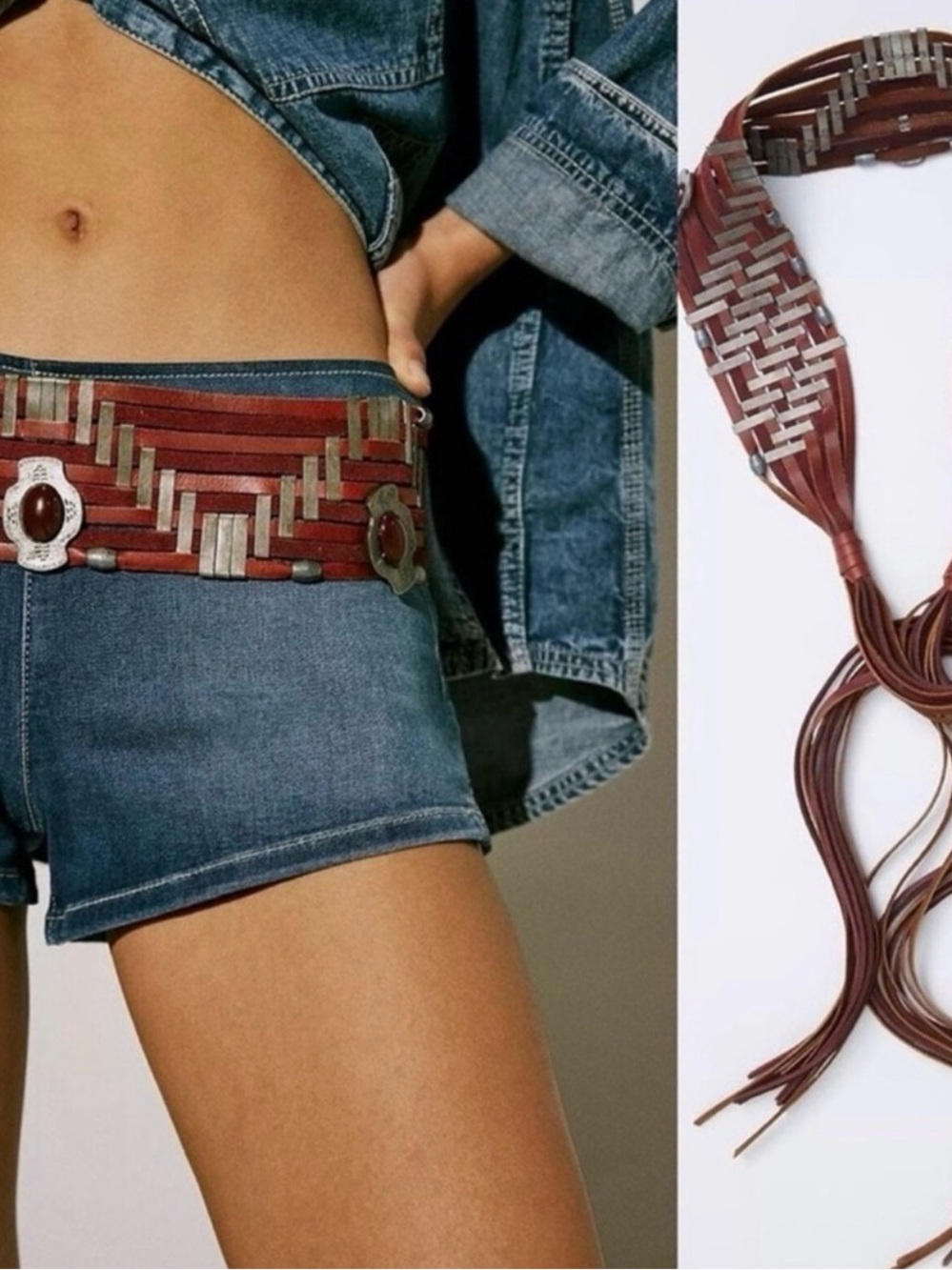 Free People Woven Brown Leather Fringe Belt with Silver Accents